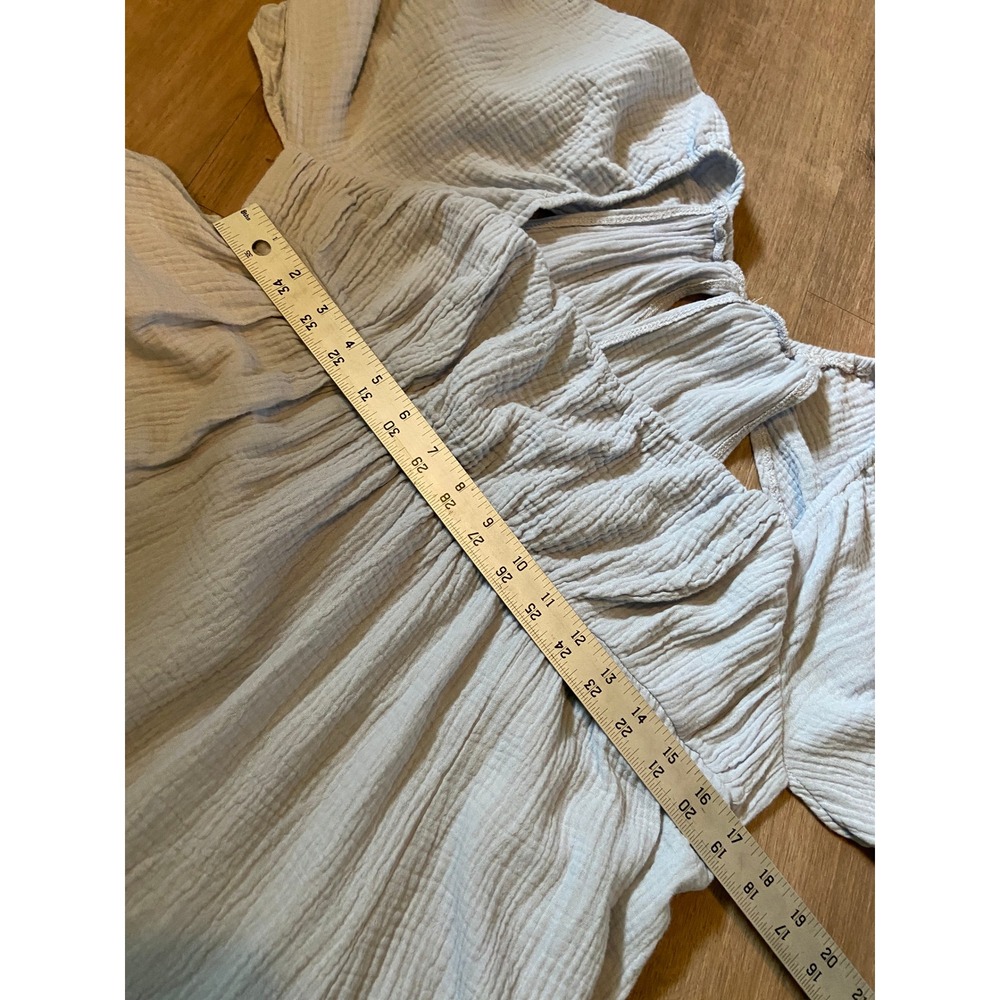 Boho Cotton Gauze Mini Dress XL Baby Blue Tie Pocket Bubble Hem Fairycore Tunic - Picture 6 of 7